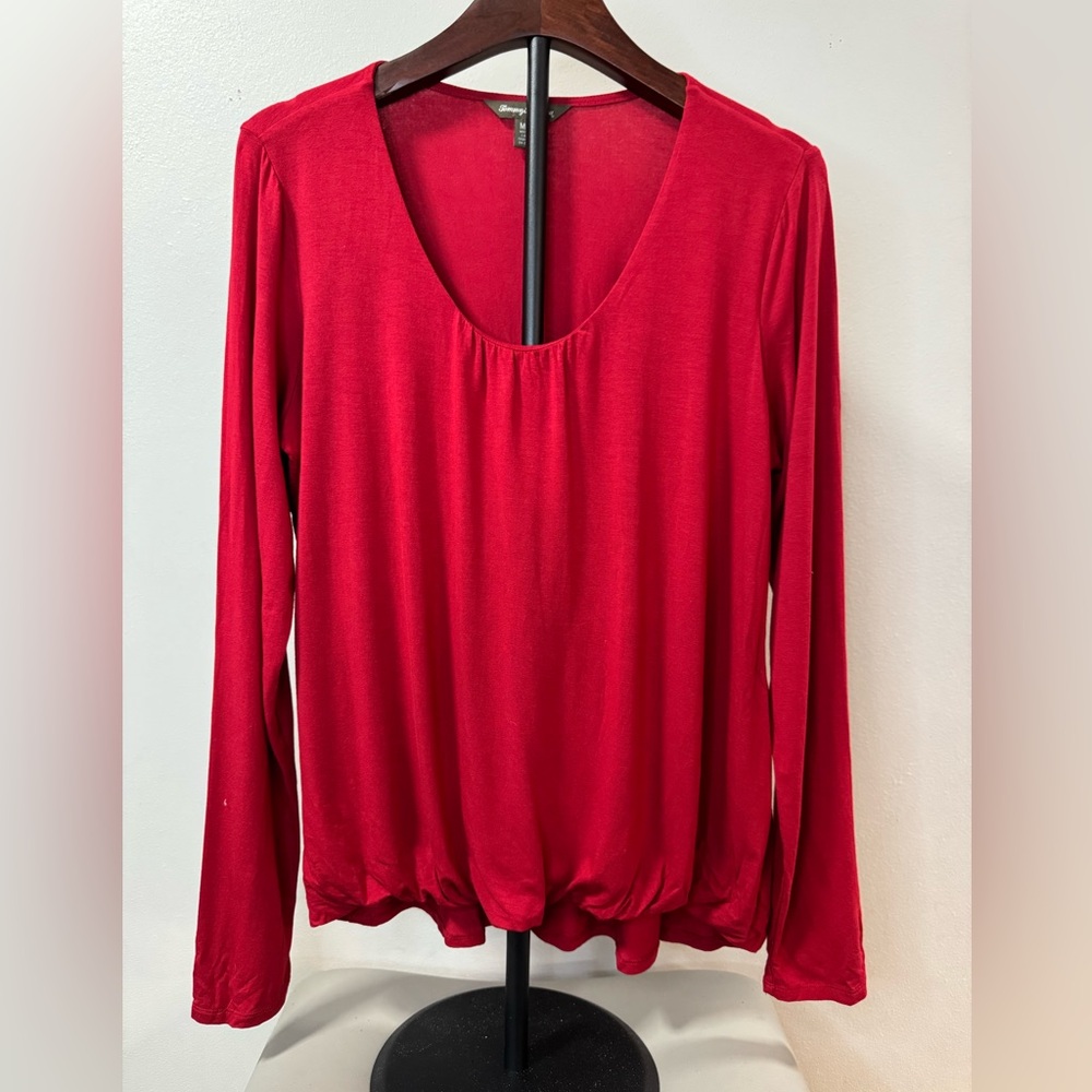Tommy Bahama Red Scoop Neck Top -Size Medium long sleeve shirt gathered hem #483